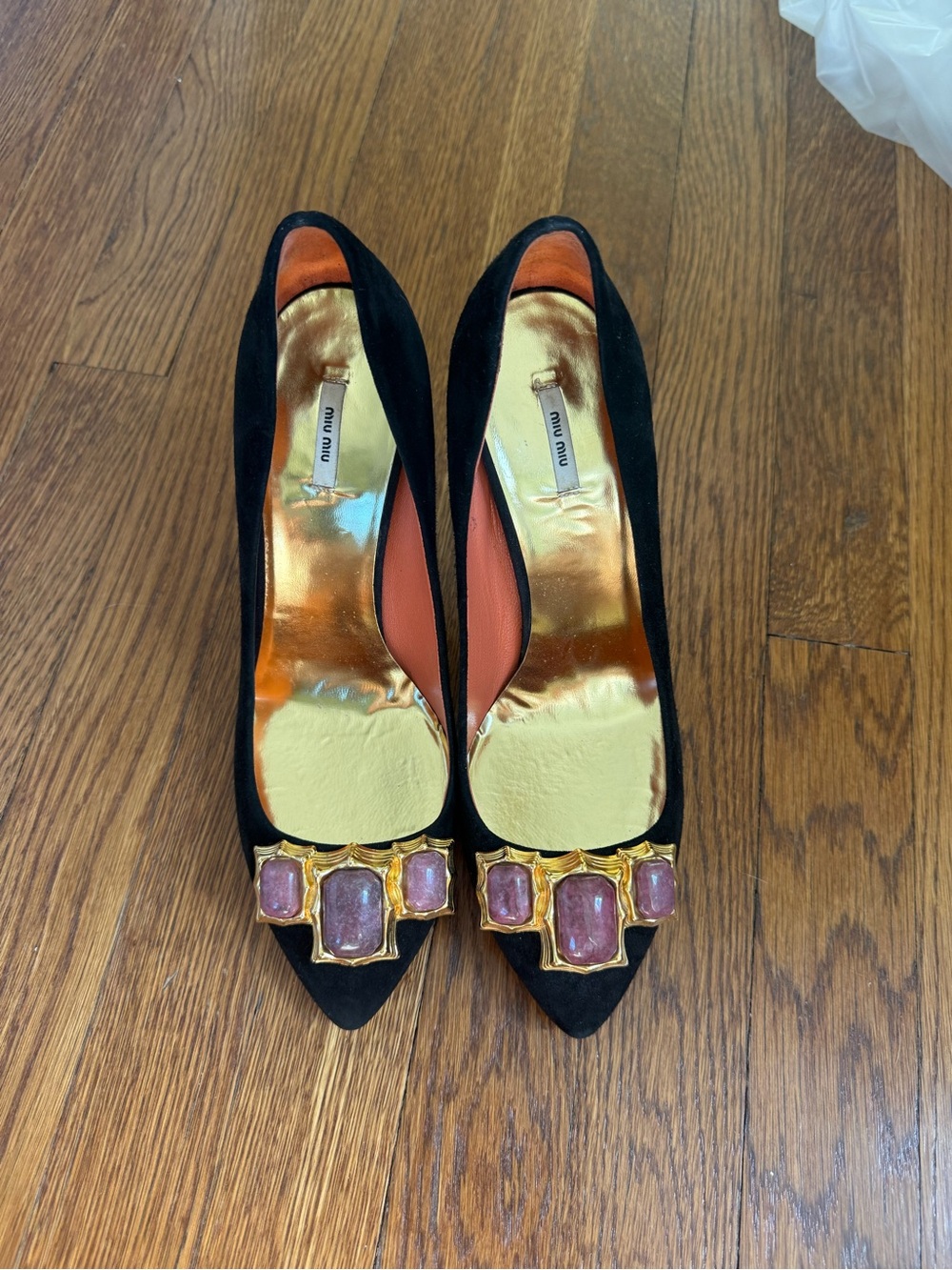 Miu Miu Black Suede Pointed Toe Pumps with Pink Gem Accents size 39